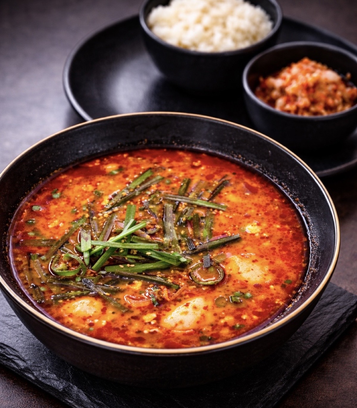 정원식탁 얼큰 강릉초당순두부, 부추를 올린 빨간 순두부 뚝배기와 공기밥·다진 양념