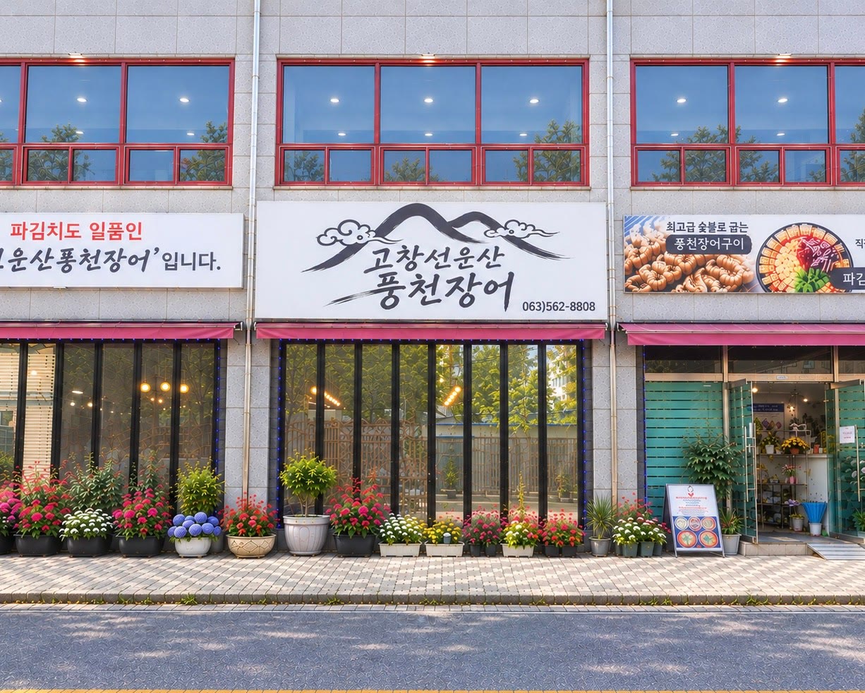 고창선운산풍천장어 외관, 통유리 건물에 붓글씨 간판과 화분이 늘어선 모습