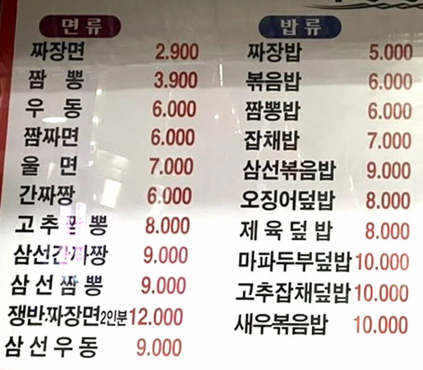 복생원 메뉴판 일부, 면류와 밥류 가격이 적힌 모습