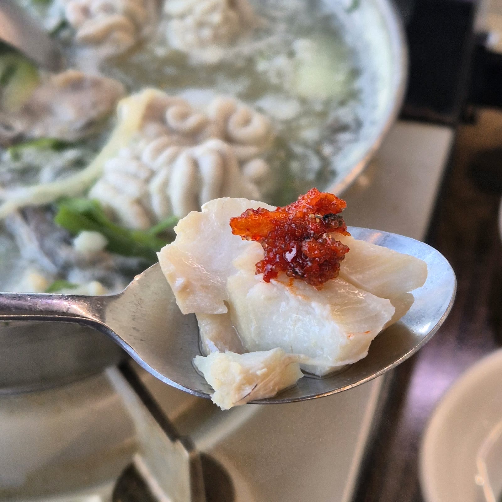 속초맛생대구탕 숟가락 위에 올린 생대구 살과 양념장
